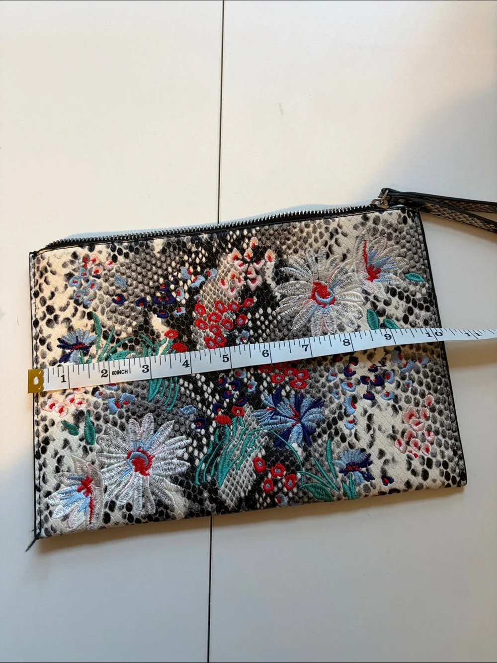 Mango Black & White Embroidered Floral Wristlet Clutch